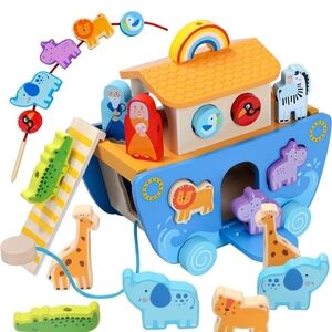 Wooden Noah's Ark Toy with Animal Shape Sorter Montessori Toys for Toddlers